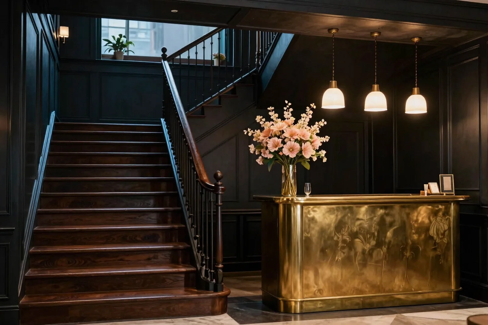 Hotel lobby with a sweeping staircase, dark panelling and a brass reception desk