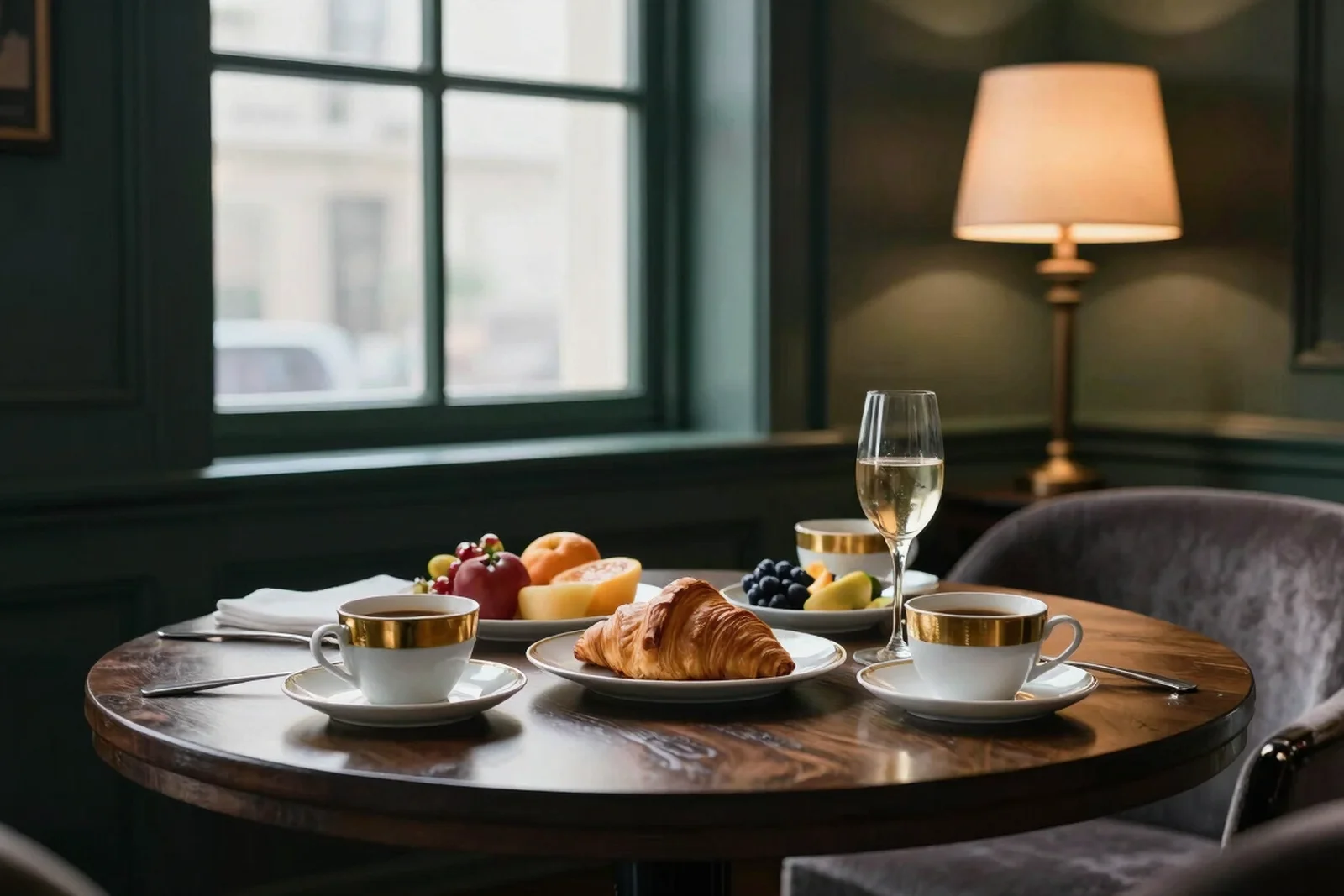 Breakfast spread with pastries, fruit and coffee on a dark wood table by a window