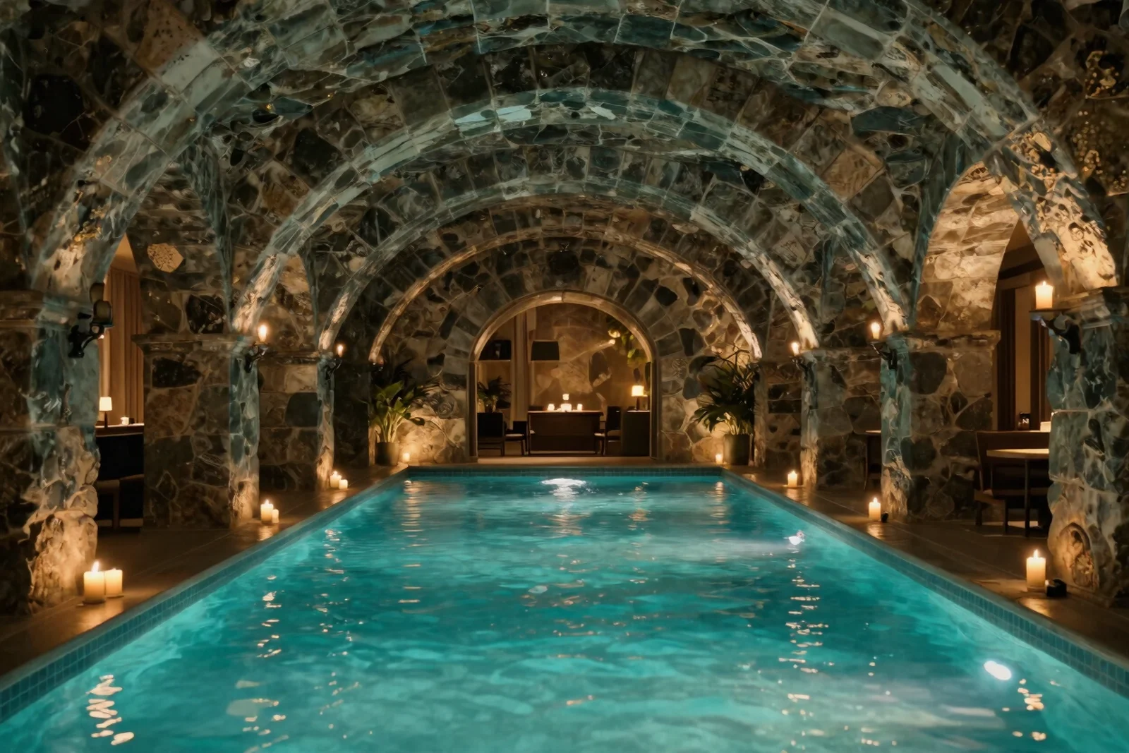 Indoor pool in a vaulted stone cellar lit from below