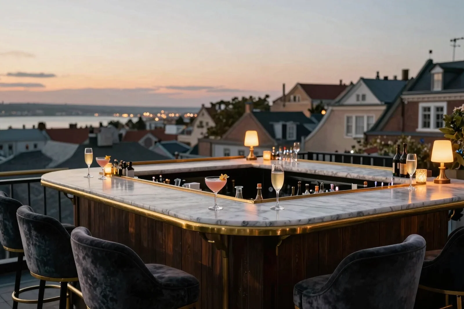 Rooftop hotel bar at golden hour with velvet stools and city rooftops