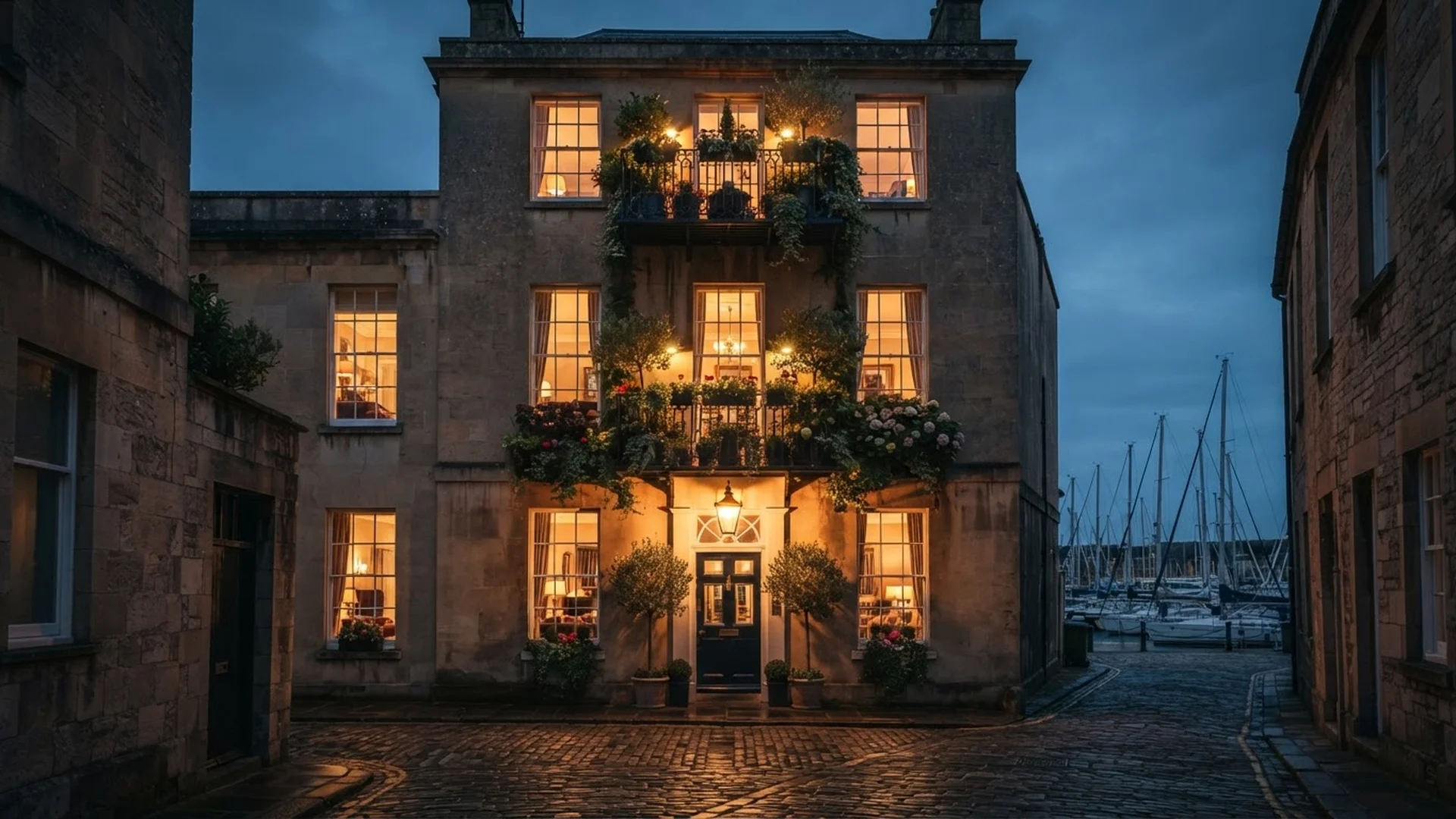 Townhouse hotel facade at dusk with warmly lit windows on a cobbled street