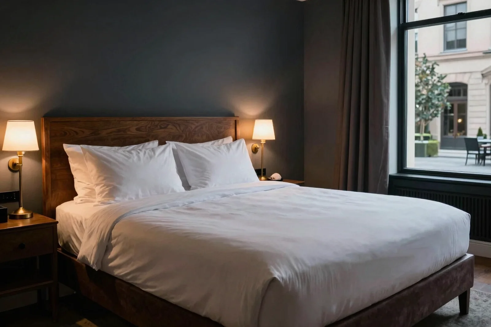 Hotel double room with a queen bed, dark headboard and brass bedside lamps