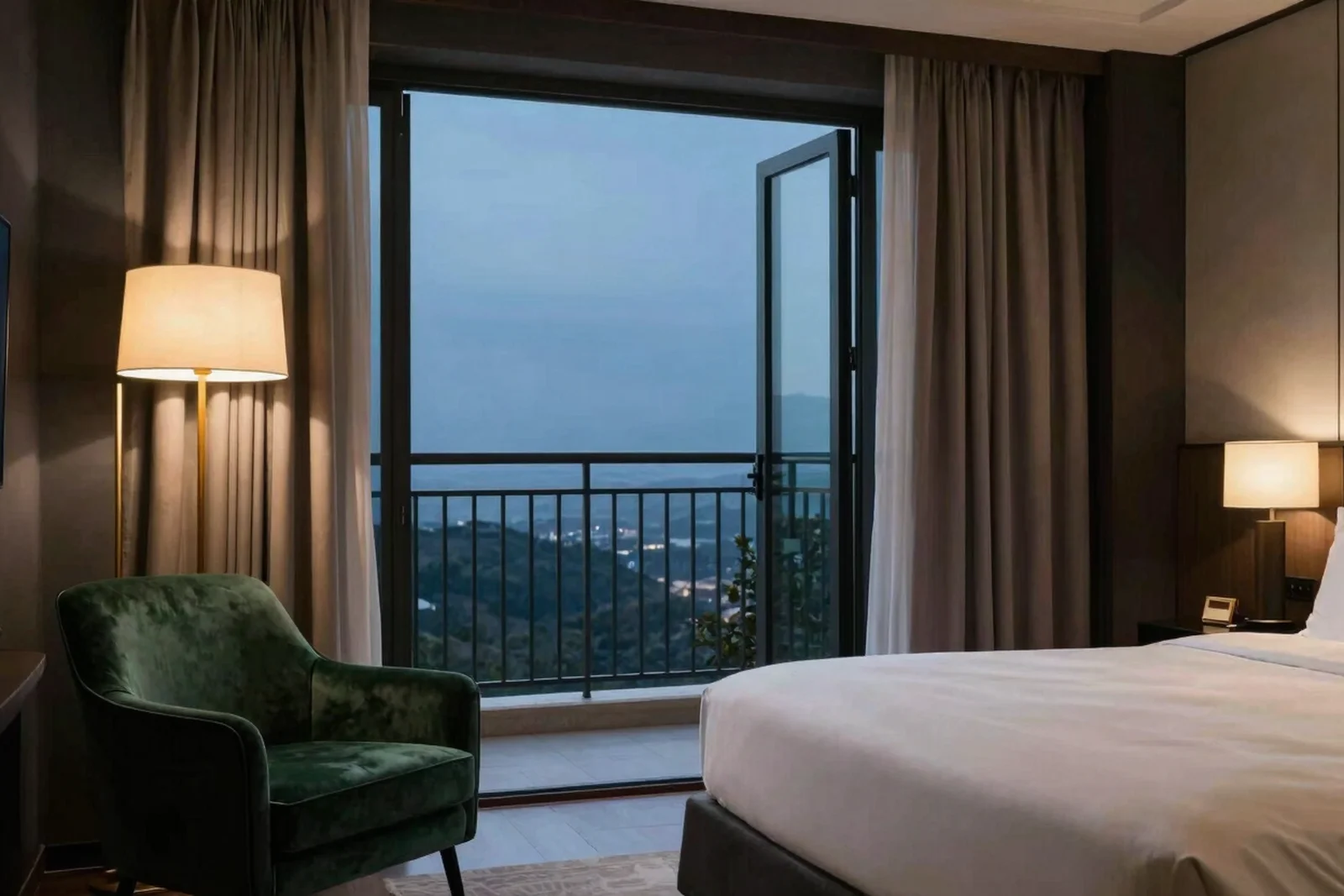 King room with open balcony doors and a velvet armchair in evening light