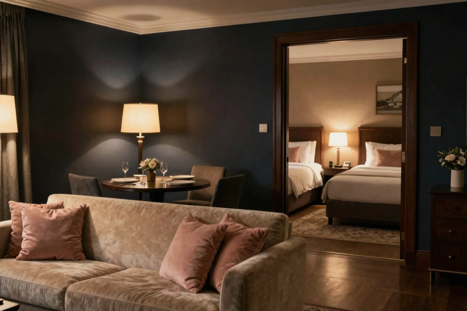 Family suite living room with a sofa and a doorway to a twin bedroom