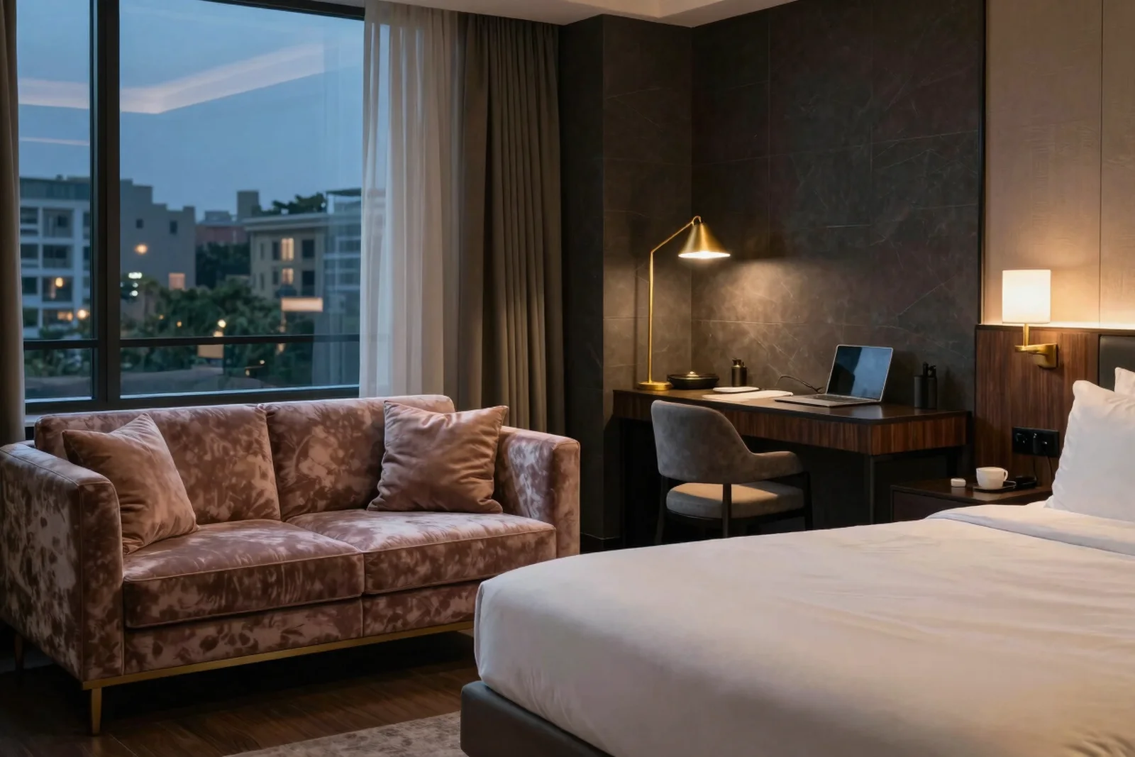 Suite with a king bed and a sitting area lit by a gold floor lamp