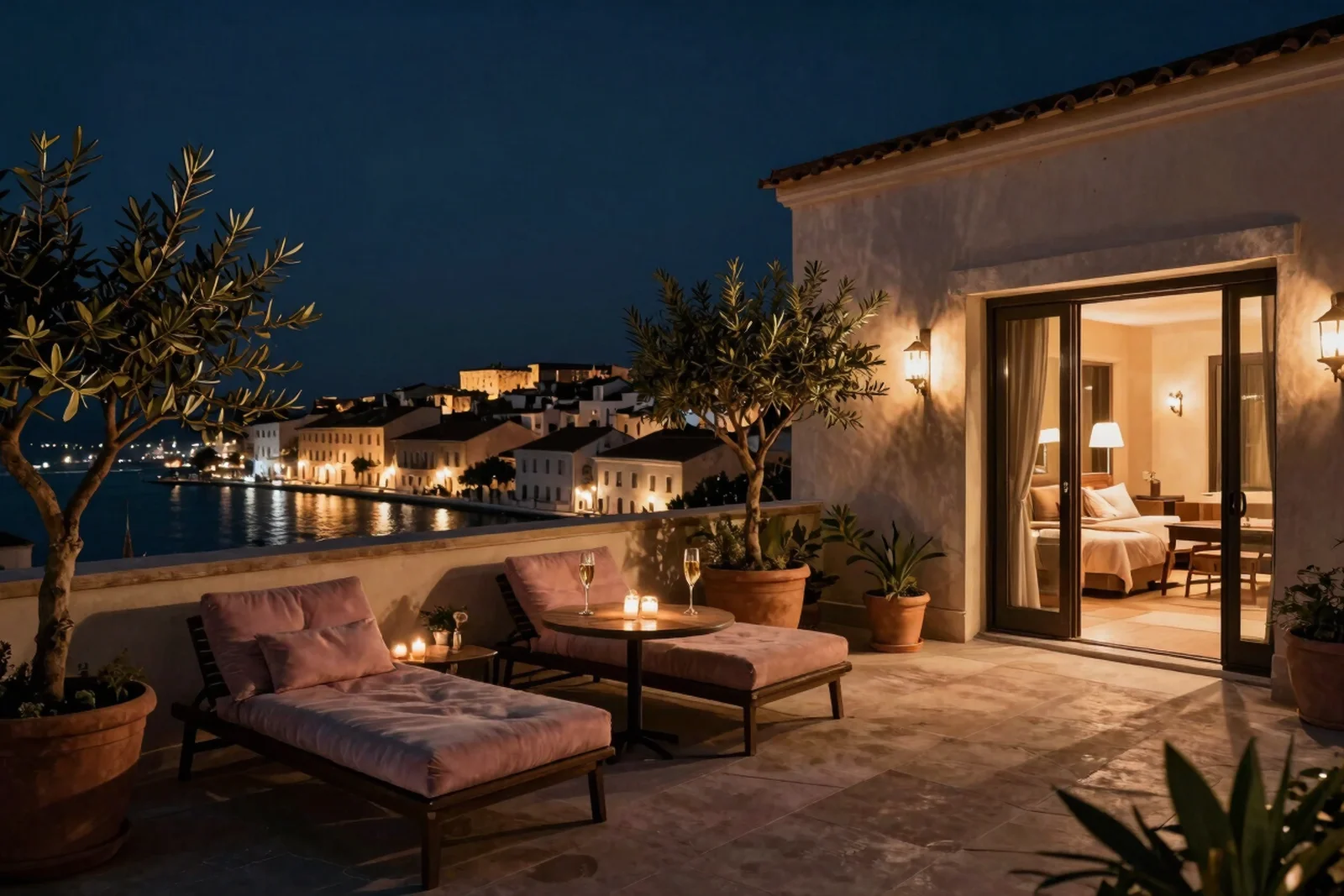 Rooftop penthouse terrace at night with loungers and harbour lights